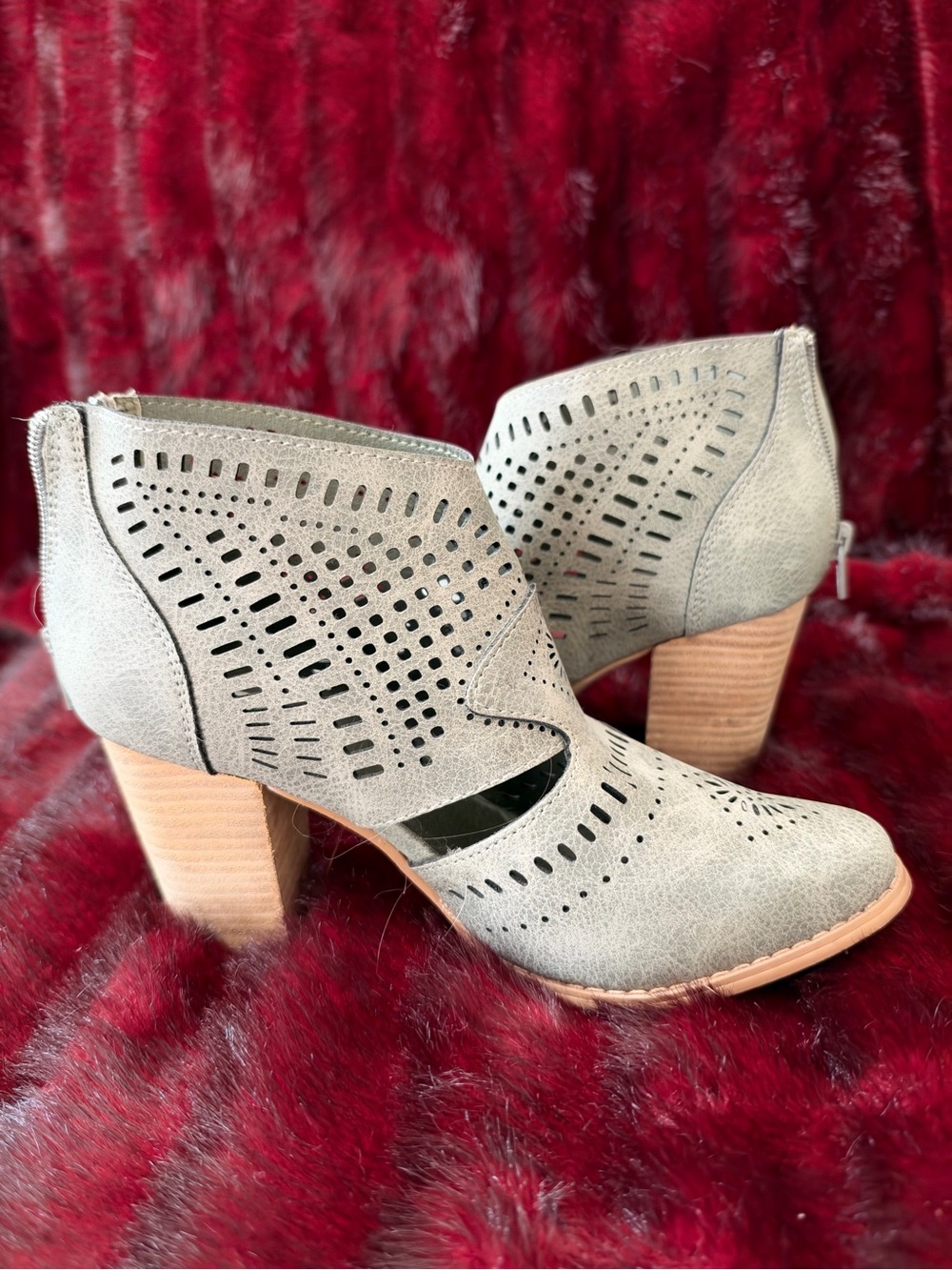 Women’s Gray Perforated Cutout Heeled Booties